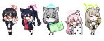  5girls ahoge animal_ear_fluff animal_ears ayane_(blue_archive) black_footwear black_gloves black_hair black_jacket black_skirt black_socks blazer blue_archive blue_eyes blue_halo blue_necktie blue_scarf blush_stickers breasts cardigan cat_ears closed_eyes closed_mouth collared_shirt cross_hair_ornament dice doodle_sensei_(blue_archive) earpiece extra_ears fang fingerless_gloves foreclosure_task_force_(blue_archive) glasses gloves green_halo grey_hair hair_between_eyes hair_ornament halo highres hoshino_(blue_archive) jacket large_breasts light_brown_hair long_hair medium_hair mismatched_pupils multiple_girls nanju_bami necktie nonomi_(blue_archive) one_eye_closed open_clothes open_jacket open_mouth pink_hair pink_halo pleated_skirt pointy_ears red-framed_eyewear red_eyes red_halo scarf sensei_(blue_archive) serika_(blue_archive) shiroko_(blue_archive) shirt shoes short_hair simple_background skin_fang skirt small_breasts smile socks twintails white_background white_footwear white_shirt white_socks wolf_ears yellow_cardigan yellow_eyes 