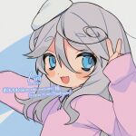  1girl blue_eyes commission commissioner_name cropped grey_hair hair_between_eyes hand_up highres long_hair long_sleeves looking_at_viewer mochi_(na_si) open_mouth original pink_sweater skeb_commission sleeves_past_wrists smile solo sweater upper_body v watermark white_beret 