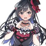  1girl black_hair black_hat bow chinese_commentary collarbone commentary_request dress grey_eyes hair_ornament hat hat_bow heart heart_hair_ornament heart_hands kai_shum long_hair looking_at_viewer love_live! love_live!_nijigasaki_high_school_idol_club mixed-language_commentary one_side_up puffy_short_sleeves puffy_sleeves purple_dress red_bow short_sleeves sidelocks solo upper_body white_background yuki_setsuna_(love_live!) 