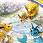  animal_focus black_eyes blue_skin bright_pupils brown_eyes brown_fur closed_mouth colored_skin day eevee evolutionary_line fins flareon flower highres hydrangea jolteon no_humans official_art open_mouth outdoors pokemon pokemon_(creature) puddle rainbow red_fur reflection smile two-tone_fur vaporeon violet_eyes water white_fur white_pupils yellow_fur 
