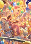  1girl amusement_park animal_costume atelier_umiyury balloon carousel cigarette clouds commentary cup disposable_cup earrings ferris_wheel food highres horse jewelry light_particles mascot_costume mascot_head original popcorn purple_hair short_hair sidesaddle smoking solo sunset 