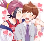  2boys :d black_hair blush breast_pocket brown_hair closed_eyes closed_mouth collared_shirt commentary_request florian_(pokemon) heart holding_hands jacket kieran_(pokemon) male_focus mochi_(mocchi_p_2m) multicolored_hair multiple_boys necktie off_shoulder open_mouth pocket pokemon pokemon_sv purple_hair red_shirt shirt short_hair sleeveless sleeveless_shirt smile tank_top teeth two-tone_hair upper_body upper_teeth_only white_jacket yellow_eyes 