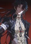  1boy alternate_eye_color bandaged_arm bandaged_chest bandages black_hair black_jacket blade_(honkai:_star_rail) bright_pupils brown_shirt center_opening chinese_clothes chinese_commentary commentary_request curtained_hair ear_piercing earrings gradient_background hair_over_one_eye highres honkai:_star_rail honkai_(series) jacket jewelry long_hair looking_at_viewer male_focus multicolored_hair orange_eyes piercing procreate_(medium) red_background shade shirt single_earring solo streaked_hair upper_body white_pupils zhangbaibaiyoo 