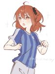  1girl ahoge breasts fate/grand_order fate_(series) fomnant fujimaru_ritsuka_(female) hair_between_eyes hair_ornament hair_scrunchie open_mouth orange_eyes orange_hair scrunchie shirt short_hair shorts side_ponytail soccer_uniform sportswear twitter_username 