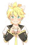  1boy @_@ ahoge animal_ear_fluff animal_ear_hairband animal_ears black_sailor_collar blonde_hair blush bon_bon_eee cat_ear_hairband cat_ears commentary_request detached_sleeves drawn_whiskers fake_animal_ears green_eyes hair_between_eyes hair_ornament hairband hands_up heart heart_hair_ornament heart_hands highres kagamine_len looking_at_viewer male_focus necktie open_mouth sailor_collar shirt short_hair short_sleeves simple_background solo sparkle upper_body vocaloid white_background white_shirt yellow_necktie 