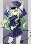  1girl :&lt; absurdres arms_up belt black_belt blue_archive blue_hat blue_jacket blue_skirt blush buttons cowboy_shot cropped_jacket demon_tail double-breasted g1_(user_tjwy5444) gloves gradient_background green_hair green_halo hair_between_eyes halo hat highres hikari_(blue_archive) jacket long_hair long_sleeves pantyhose peaked_cap pillarboxed pleated_skirt pointy_ears shirt shirt_tucked_in short_eyebrows sidelocks skirt solo tail wavy_hair white_gloves white_pantyhose white_shirt yellow_eyes 