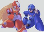  2boys android armor blonde_hair blue_eyes boots forehead_jewel green_eyes helmet highres lemon_inu long_hair mega_man_(series) mega_man_x_(series) multiple_boys robot shoulder_armor simple_background white_background x_(mega_man) zero_(mega_man) 