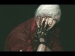  1boy bishounen black_gloves bleeding_from_forehead blood blood_on_clothes blood_on_face blood_on_gloves blue_eyes chomuun coat creator_connection dante_(devil_may_cry) devil_may_cry_(series) devil_may_cry_4 facial_hair fading fingerless_gloves gloves hand_on_own_face looking_at_viewer male_focus muscular muscular_male parody perfect_blue red_coat scene_reference smile solo white_hair 