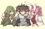  1boy 2girls absurdres afterimage alynna_(p&amp;d) animal_ears arm_on_table armor box boy_sandwich breasts brown_hair cape circlet cloak deena_(p&amp;d) diamond_(p&amp;d) elbows_on_table elf facing_another fur-trimmed_cape fur-trimmed_jacket fur_trim gauntlets gift gift_box green_hair headband highres hood hooded_cloak jacket kuuron_(moesann17) looking_around medium_breasts meme messy_hair motion_blur multiple_girls parody pink_hair pointy_ears ponytail puzzle_&amp;_dragons rabbit_ears rabbit_girl sandwiched shoulder_armor spinning_head the_weaker_sex_1_(gibson) yellow_eyes 