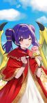  1girl ;d blue_sky blunt_bangs blush clouds dragon_wings dress eyelashes fire_emblem fire_emblem:_the_sacred_stones food highres holding holding_spoon ice_cream ice_cream_cone looking_at_viewer myrrh_(fire_emblem) one_eye_closed purple_hair red_eyes red_robe robe sky smile solo spoon twintails white_dress wings yuurururun 