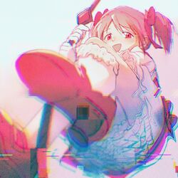  1girl bow bow_(weapon) bubble_skirt chromatic_aberration dress feet foot_focus frilled_skirt frilled_sleeves frilled_socks frills full_body glitch hair_between_eyes hair_bow hangza holding holding_bow_(weapon) holding_weapon kaname_madoka kneehighs light_blush magical_girl mahou_shoujo_madoka_magica mahou_shoujo_madoka_magica_(anime) mary_janes open_mouth petticoat pink_bow pink_dress pink_eyes pink_hair puffy_short_sleeves puffy_sleeves red_bow red_footwear shoes short_dress short_hair short_sleeves short_twintails skirt skirt_under_dress smile socks solo twintails waist_bow weapon white_background white_skirt white_sleeves white_socks 