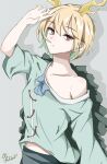  1girl antlers blonde_hair closed_mouth collarbone dragon_girl dragon_horns dragon_tail green_scales highres horns kakineko kicchou_yachie looking_at_viewer monster_girl red_eyes scales shirt short_hair short_sleeves simple_background slit_pupils solo tail touhou turtle_shell yellow_horns 