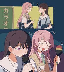  2girls ^_^ bag bang_dream! bang_dream!_it&#039;s_mygo!!!!! blue_bag blue_neckerchief blue_shirt blush brown_hair brown_sweater_vest chihaya_anon closed_eyes coldcat. collared_shirt commentary dress_shirt fang green_necktie grey_eyes hanasakigawa_school_uniform haneoka_school_uniform highres holding holding_microphone karaoke long_hair microphone multiple_girls music neckerchief necktie open_mouth pink_hair pointing sailor_collar school_bag school_uniform shiina_taki shirt short_sleeves shoulder_bag singing sweatdrop sweater_vest symbol-only_commentary translated violet_eyes white_sailor_collar white_shirt 