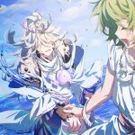  1boy 1girl azumi-no-isora_(fate) blue_sky bracelet clothing_cutout coral coral_hair_ornament dkknht facial_mark fate/grand_order fate_(series) green_hair grey_hair hair_ornament hair_over_eyes highres holding_hands japanese_clothes jewelry kimono long_hair magatama magatama_necklace material_growth necklace ocean open_mouth ponytail sash sky sleeveless smile tunic water_drop white_kimono yuta_(fate) 