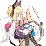  2girls animal_ear_headphones animal_ears black_thighhighs blonde_hair blue_archive blue_necktie blush bow cat_ear_headphones closed_mouth couch crying crying_with_eyes_open fake_animal_ears furrowed_brow hair_bow headphones hood hoodie long_sleeves momoi_(blue_archive) multiple_girls necktie on_couch open_mouth pink_bow pink_eyes pink_hoodie purple_hair shinbashi_seiji short_hair sweat sweatdrop teardrop tears thigh-highs thighs violet_eyes white_background yuuka_(blue_archive) 
