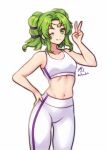  1girl circlet collarbone fire_emblem fire_emblem:_the_sacred_stones green_hair hairband hand_on_own_hip highres l&#039;arachel_(fire_emblem) navel one_eye_closed pants purple_hairband rotomdocs smile sports_bra sportswear stomach twintails v white_sports_bra yoga_pants 