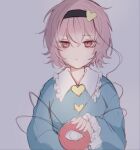  1girl blue_shirt expressionless grey_background hair_ornament heart heart_hair_ornament highres holding holding_eyeball komeiji_satori one-hour_drawing_challenge pink_hair red_eyes shirt solo sssoomm112 third_eye touhou 