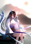  1girl absurdres ambience_synesthesia arknights black_hair black_skirt dragon_girl dragon_tail dusk_(arknights) fiery_tail gradient_skin green_horns hair_over_one_eye highres horns long_hair looking_at_viewer multicolored_hair nikaidou_tetsuo pointy_ears red_eyes skirt solo streaked_hair tail 