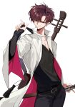  1boy belt black_pants black_shirt coat collared_coat cowboy_shot earrings fate/grand_order fate_(series) hair_over_one_eye hand_on_hilt highres holding instrument instrument_on_back jewelry long_sleeves looking_at_viewer male_focus muki_(muki_kunxd) pants pink_coat red_eyes redhead shamisen sheath sheathed shirt short_hair smile solo sword takasugi_shinsaku_(fate) takasugi_shinsaku_(first_ascension)_(fate) two-sided_coat two-sided_fabric weapon white_coat 