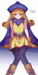  1girl alena_(dq4) black_pantyhose blue_cape blue_hat boots brown_footwear brown_gloves cape closed_mouth commentary_request dragon_quest dragon_quest_iv earrings gloves hat highres jewelry long_hair na_(niruo3) orange_hair pantyhose red_eyes sitting smile solo translation_request 