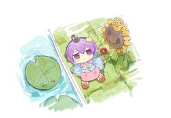  1girl black_hairband blue_shirt buttons coffee_bean_(plants_vs_zombies) collar floral_print flower frilled_sleeves frills fumo_(doll) ge_dazuo hairband heart_button highres komeiji_satori lily_pad lily_pad_(plants_vs_zombies) lying on_back pink_collar pink_skirt plants_vs_zombies plants_vs_zombies_hybrid purple_hair red_footwear shirt skirt sunflower sunflower_(plants_vs_zombies) third_eye touhou violet_eyes water 