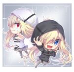  1girl 9-nine- :d amatsuji back-to-back belt black_belt black_hoodie blonde_hair blue_eyes border character_name chibi chibi_only commentary_request crazy_smile eyelashes eyes_visible_through_hair fang fighting_stance floating_hair ghost_(9-nine-) grey_background grey_skirt grey_thighhighs hair_over_one_eye hand_up highres hood hood_up hoodie long_hair long_sleeves looking_at_viewer miniskirt multiple_views one_eye_covered open_mouth profile reaching reaching_towards_viewer red_eyes sideways_glance signature simple_background skirt smile smirk standing thigh-highs tsurime v-shaped_eyebrows very_long_hair white_border white_hoodie wide_sleeves zettai_ryouiki 