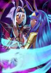  2girls animal_ears antenna_hair black_hair bracer breasts cape colored_inner_hair dark-skinned_female dark_skin dual_persona earrings egyptian egyptian_clothes facepaint facial_mark fate/grand_order fate_(series) hairband highres hoop_earrings jackal_ears jewelry long_hair looking_at_viewer medium_breasts mirror multicolored_hair multiple_girls nitocris_(fate) nitocris_alter_(fate) nitocris_alter_(second_ascension)_(fate) purple_hair red_cape sakuraike short_hair sidelocks smile streaked_hair violet_eyes white_hair yellow_eyes 