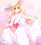  1girl artist_name bare_arms bare_shoulders blonde_hair blue_eyes breasts closed_mouth clothes_lift dress dress_lift flat_chest frills hair_between_eyes hat hat_ribbon holding indisk_irio light long_hair looking_at_viewer off_shoulder pink_dress princess_peach ribbon simple_background sleeveless sleeveless_dress smile solo standing sun_hat sundress super_mario_bros. white_dress white_hat 