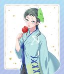  1other alternate_costume blue_eyes blue_kimono candy food gnosia green_eyes highres holding holding_candy holding_food holding_lollipop japanese_clothes kimono lollipop long_sleeves looking_at_viewer other_focus raqio short_hair solo star_(symbol) tongue tongue_out upper_body yuyht1758 