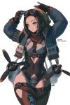  1girl absurdres aircraft airplane black_gloves blue_eyes blue_jacket brown_hair brown_hat commission fingerless_gloves gloves highres jacket looking_at_viewer mecha_musume navel original pby_catalina propeller solo stomach thighs united_states_navy white_background zhvo 