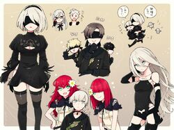  2b_(nier:automata) 32s_(nier:automata) 42s_(nier:automata) 4girls 6+boys 801s_(nier:automata) 9s_(nier:automata) a2_(nier:automata) adam_(nier:automata) black_blindfold black_dress black_hair black_thighhighs blindfold blonde_hair commentary_request devola dress eve_(nier:automata) glasses green_eyes grey_hair long_hair machine_(nier) malt_40 multiple_boys multiple_girls nier:automata nier_(series) no_blindfold popola redhead short_hair smile thigh-highs translation_request 