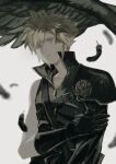 1boy arm_across_chest armor asymmetrical_sleeves black_feathers black_gloves black_vest blonde_hair blurry cloud_strife depth_of_field earrings elbow_gloves falling_feathers feathers final_fantasy final_fantasy_vii final_fantasy_vii_advent_children gloves grey_background high_collar highres jewelry keiseki1 male_focus muted_color parted_lips pauldrons sad sephiroth short_hair shoulder_armor shoulder_strap single_pauldron solo_focus spiky_hair standing stud_earrings upper_body vest 