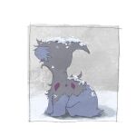  animal_focus boku_(pixiv_32390460) border closed_mouth commentary_request deino_(pokemon) from_side full_body grey_background highres looking_up no_humans outdoors pokemon pokemon_(creature) profile sitting snow solo white_border 