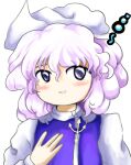  1girl blush hand_up highres letty_whiterock long_sleeves looking_at_viewer medium_hair parted_lips purple_hair purple_vest simple_background smile solo squeans touhou upper_body vest violet_eyes white_background yakumora_n zun_(style) 