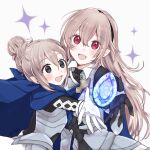  2girls armor black_hairband breasts cape corrin_(female)_(fire_emblem) corrin_(fire_emblem) dragonstone fire_emblem fire_emblem_fates floating floating_object gloves hair_between_eyes hair_bun hair_ornament hairband highres kana_(female)_(fire_emblem) kana_(fire_emblem) long_hair looking_at_viewer misato_hao multiple_girls open_mouth pointy_ears red_eyes single_hair_bun smile upper_body 