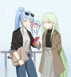  2girls absurdres alternate_hairstyle anger_vein arms_behind_back bag bang_dream! bang_dream!_it&#039;s_mygo!!!!! black_jacket black_shirt blue_background blue_hair blue_pants brown_coat cellphone coat commentary_request dated_commentary denim earrings eyewear_on_head green_hair grey_shirt grey_skirt handbag highres holding holding_phone jacket jeans jewelry long_hair long_sleeves multiple_girls neck outdoors pants parted_lips phone ponytail railing shirt skirt sleeves_rolled_up smartphone sunglasses sweat togawa_sakiko very_long_hair wakaba_mutsumi watch watch yellow_eyes yuutenji_nyamu yzj21333 