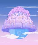  above_clouds architecture bird blue_sky building clouds fantasy floating floating_castle floating_island floating_object gradient_sky highres no_humans owakita pastel_colors pink_sky scenery sky tenkuu_no_shiro_laputa tree 
