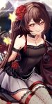  1girl absurdres alternate_costume arm_strap arms_behind_back asahi_(vjss4548) black_choker breasts brown_hair choker collarbone fishnet_thighhighs fishnets flower genshin_impact grey_skirt grin hair_between_eyes hair_flower hair_ornament highres hu_tao_(genshin_impact) long_hair looking_at_viewer miniskirt pleated_skirt red_eyes red_flower red_ribbon red_rose ribbon rose sitting skirt small_breasts smile solo symbol-shaped_pupils thigh-highs twintails 