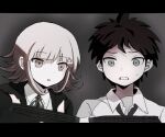  1boy 1girl :o ahoge black_jacket black_shirt book brown_hair collared_shirt d: danganronpa_(series) danganronpa_2:_goodbye_despair galaga hair_ornament hinata_hajime ikemen&#039;na_ore-shi jacket medium_hair nanami_chiaki neck_ribbon open_book open_clothes open_jacket ribbon shirt short_hair sweatdrop teeth 