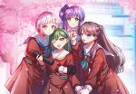  4girls :d ;d absurdres aqua_neckerchief black_choker blunt_bangs blurry blurry_background blush brown_dress brown_hair brown_neckerchief building cherry_blossoms choker closed_mouth colored_inner_hair commentary dress falling_petals flower fujishima_megumi graduation green_eyes green_hair grey_hair group_picture hair_bun hair_flower hair_ornament hairclip hand_grab hasu_no_sora_school_uniform highres holding holding_petal hug interlocked_fingers link!_like!_love_live! long_hair long_sleeves looking_at_another looking_at_viewer love_live! multicolored_hair multiple_girls neckerchief o-ring o-ring_choker one_eye_closed oogami_sachi open_mouth otomune_kozue own_hands_clasped own_hands_together petals pink_eyes pink_petals pleated_dress purple_hair red_flower redhead sailor_collar sailor_dress sankin_(_sankin510) school_uniform short_hair side_ponytail sidelocks single_side_bun smile star_(symbol) star_hair_ornament streaked_hair swept_bangs tube two_side_up violet_eyes white_sailor_collar winter_uniform yellow_eyes yugiri_tsuzuri 