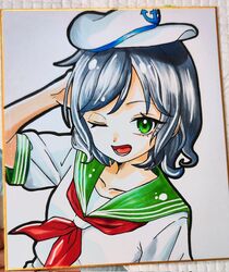  0002koko 1girl :d anchor_print anchor_symbol black_hair commentary_request flat_chest green_eyes green_sailor_collar hat highres looking_at_viewer murasa_minamitsu one_eye_closed open_mouth puffy_short_sleeves puffy_sleeves sailor sailor_collar sailor_shirt shirt short_hair short_sleeves shorts simple_background smile solo touhou traditional_media upper_body white_background white_hat white_shirt white_shorts 