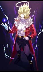  1boy abs belt_buckle black_border black_pants blonde_hair boots border buckle coat colored_skin cross_scar cube dragon_ball dragon_ball_heroes earrings from_above full_body fur-trimmed_coat fur_trim halo hand_in_pocket hearts_(dragon_ball) highres jewelry looking_at_viewer male_focus multicolored_skin muscular muscular_male nana_tsuba_(pixiv78353289) pants pectoral_cleavage pectorals pointy_ears red_coat red_eyes scar single_bang solo spiky_hair third-party_source twitter_username two-tone_skin yellow_skin 