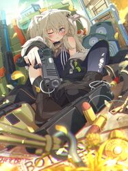  1girl absurdres ahoge ama_rei animal_ear_fluff animal_ear_piercing animal_ears black_jacket black_nails black_shirt blush bullet fur-trimmed_jacket fur_trim grey_eyes grey_hair gun highres holding holding_gun holding_weapon hololive jacket lion_ears lion_girl long_hair nail_polish one_eye_closed pantyhose shirt shishiro_botan shishiro_botan_(1st_costume) sleeveless sleeveless_shirt smile solo torn_clothes torn_pantyhose virtual_youtuber weapon 