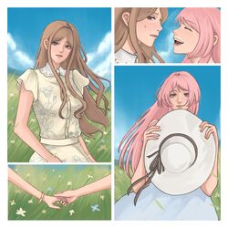  2girls bang_dream! bang_dream!_it&#039;s_mygo!!!!! blue_eyes blue_sky bracelet brown_hair chihaya_anon closed_eyes closed_mouth clouds commentary dress earrings grass grey_eyes hat highres holding holding_clothes holding_hands holding_hat jewelry laughing long_hair looking_at_another meadow multiple_girls nagasaki_soyo open_mouth outdoors pink_eyes sky smile stud_earrings w_(juusepx) white_dress yellow_dress yuri 