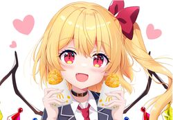  1girl :d alternate_costume belt_collar black_collar blazer blonde_hair blue_wings blush collar collared_shirt commentary_request crystal_wings fang flandre_scarlet food grey_jacket hair_between_eyes hair_ribbon hash_browns heart heart_in_eye highres holding holding_food jacket kuronekoron looking_at_viewer mcdonald&#039;s medium_hair multicolored_wings necktie one_side_up open_clothes open_jacket open_mouth portrait red_eyes red_necktie red_ribbon red_wings ribbon school_uniform shirt simple_background smile solo symbol_in_eye touhou white_background white_shirt wings yellow_wings 