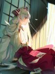  1girl artist_logo bow closed_mouth collared_shirt commentary_request feet_out_of_frame from_side fujiwara_no_mokou hair_bow highres long_hair long_sleeves mokoiscat ofuda ofuda_on_clothes pants porch red_bow red_eyes red_pants shirt sitting sliding_doors solo suspenders touhou veranda very_long_hair white_bow white_hair white_shirt 