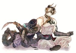  1boy 1girl absurdres arknights black_coat brown_hair chong_yue_(arknights) closed_mouth coat doctor_(arknights) dragon_boy dragon_horns dragon_tail earrings female_doctor_(arknights) full_body grey_hair highres holding_another's_tail hood hood_up horns indian_style jewelry long_hair long_sleeves looking_at_another low_ponytail multicolored_hair pointy_ears red_eyes ribbon simple_background sitting sleeveless smile streaked_hair tail tail_ornament tail_ribbon very_long_tail walhee221 white_background 