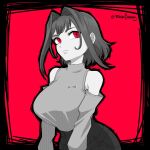 1girl breasts curvy denim greyscale hashtag-only_commentary hololive hololive_english jeans large_breasts monochrome official_alternate_costume ouro_kronii ouro_kronii_(casual) pants red_eyes reizicherry self-upload short_hair solo sweater turtleneck turtleneck_sweater virtual_youtuber 