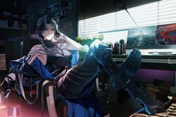  1girl bag bare_shoulders black_footwear black_gloves black_hair black_jacket black_pants black_shirt blue_eyes book book_stack boots breasts chain closed_mouth commentary crop_top crossed_legs fake_claws glint gloves hand_in_own_hair harness highres indoors jacket jacket_partially_removed jewelry large_breasts logo looking_at_viewer midriff monitor necklace official_art_inset omone_hokoma_agm open_clothes open_jacket pants path_to_nowhere shirt shoulder_bag side_cut sitting turtleneck turtleneck_shirt window_blinds zoya_(path_to_nowhere) 