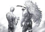  2boys ass back_muscles cowboy_shot facing_away fighting_stance from_behind greyscale holding holding_sword holding_weapon killer_(one_piece) long_hair male_focus monochrome multiple_boys nisir0 one_piece pants ready_to_draw roronoa_zoro shirt short_hair side-by-side sword tight_clothes tight_shirt trait_connection very_long_hair wavy_hair weapon 